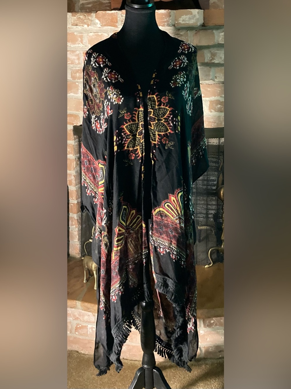 Breezy Lane Black Floral Bohemian Kimono with Multicolor Print and Fringed Hem
